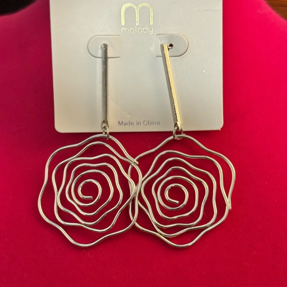 Silver Rose Wire Drop Earrings | Minimalist Statement Floral Dangle| Lightweight - Picture 4 of 5